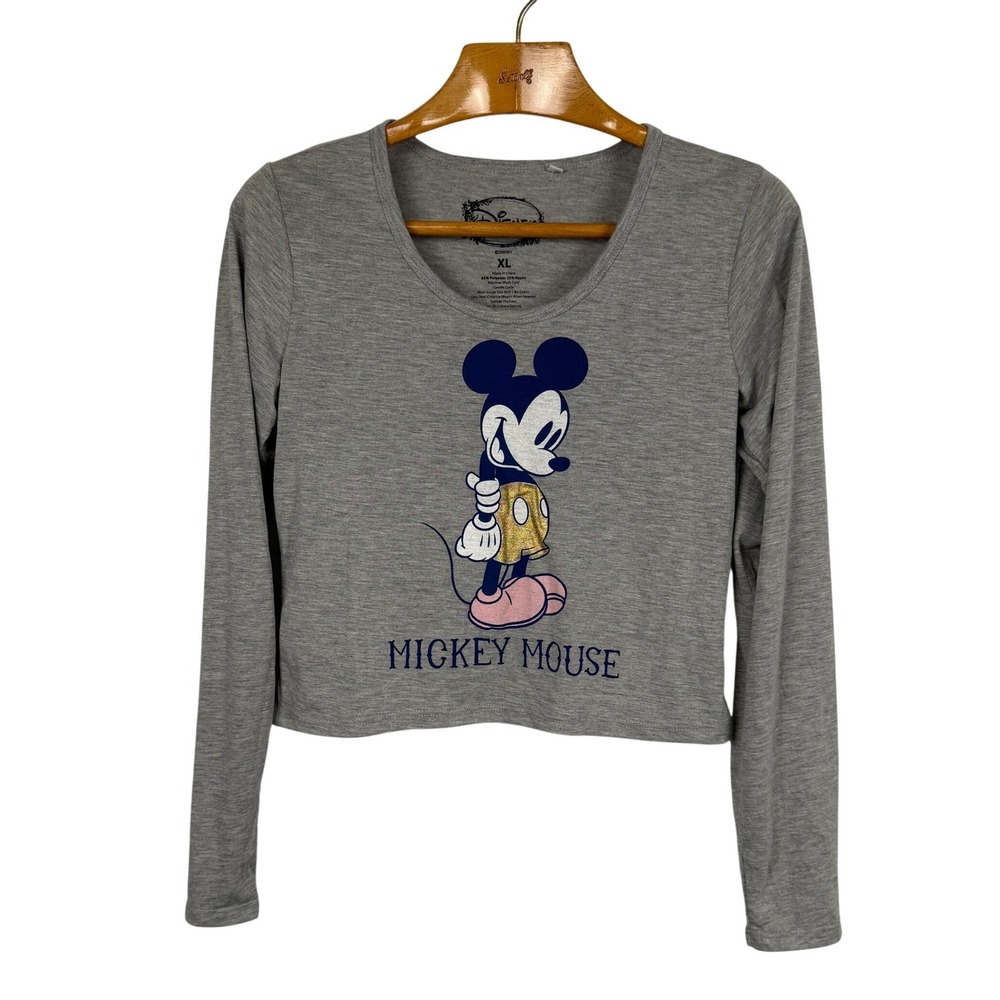 Disney Mickey Mouse Graphic Crop Top XL Heather Grey Long Sleeve Glitter